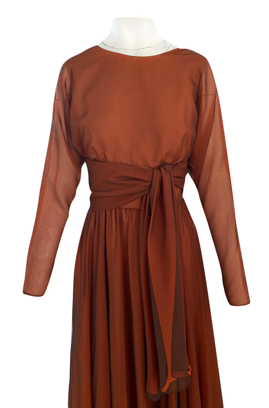 1960s Geoffrey Beene Chocolate Chiffon Over an Orange Inlay Backless Maxi Dress