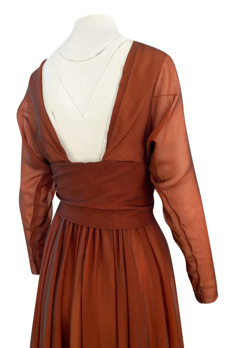 1960s Geoffrey Beene Chocolate Chiffon Over an Orange Inlay Backless Maxi Dress