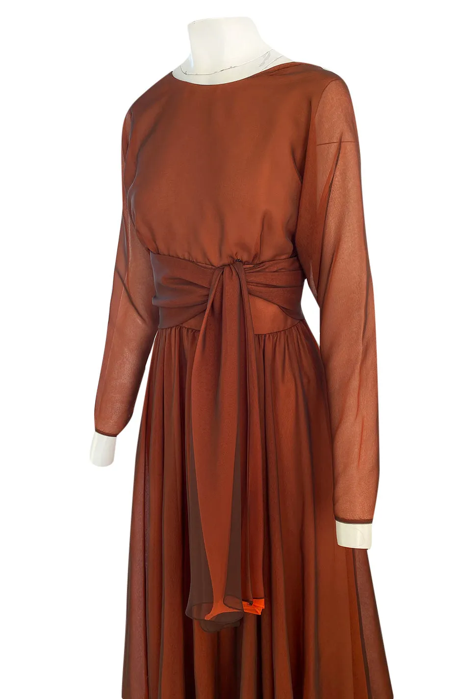 1960s Geoffrey Beene Chocolate Chiffon Over an Orange Inlay Backless Maxi Dress