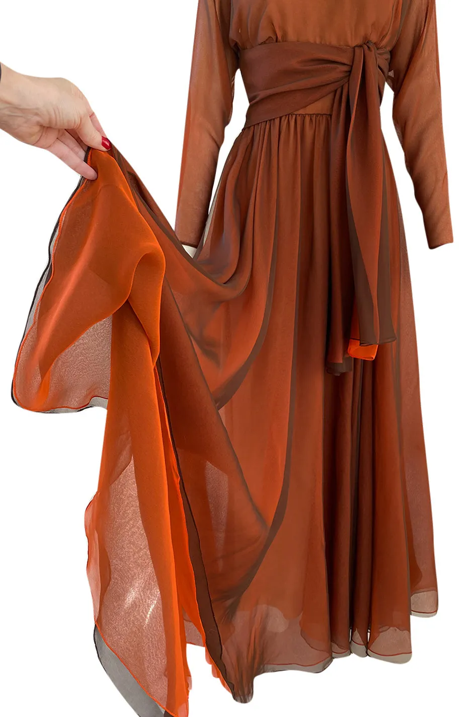 1960s Geoffrey Beene Chocolate Chiffon Over an Orange Inlay Backless Maxi Dress