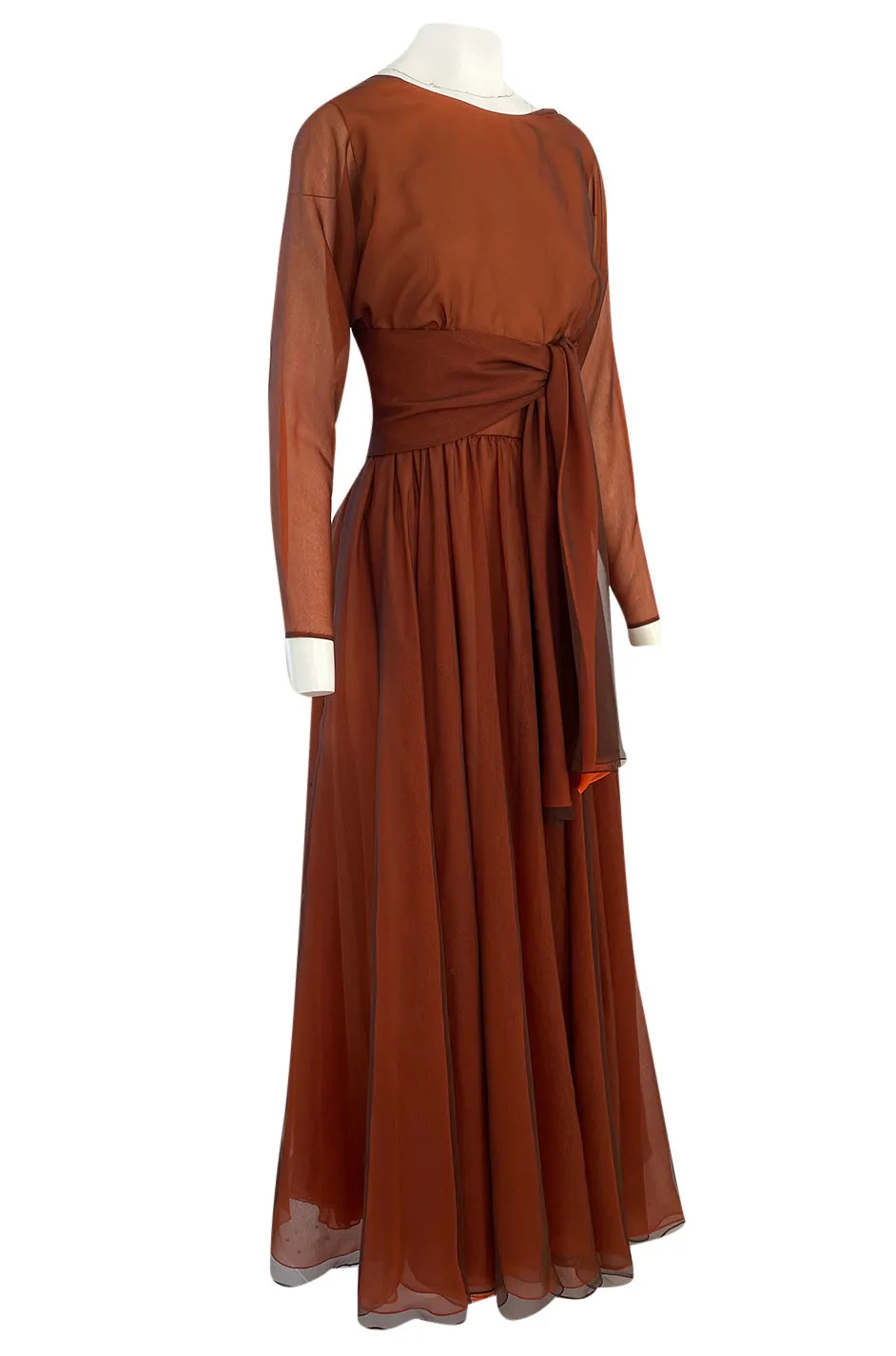 1960s Geoffrey Beene Chocolate Chiffon Over an Orange Inlay Backless Maxi Dress