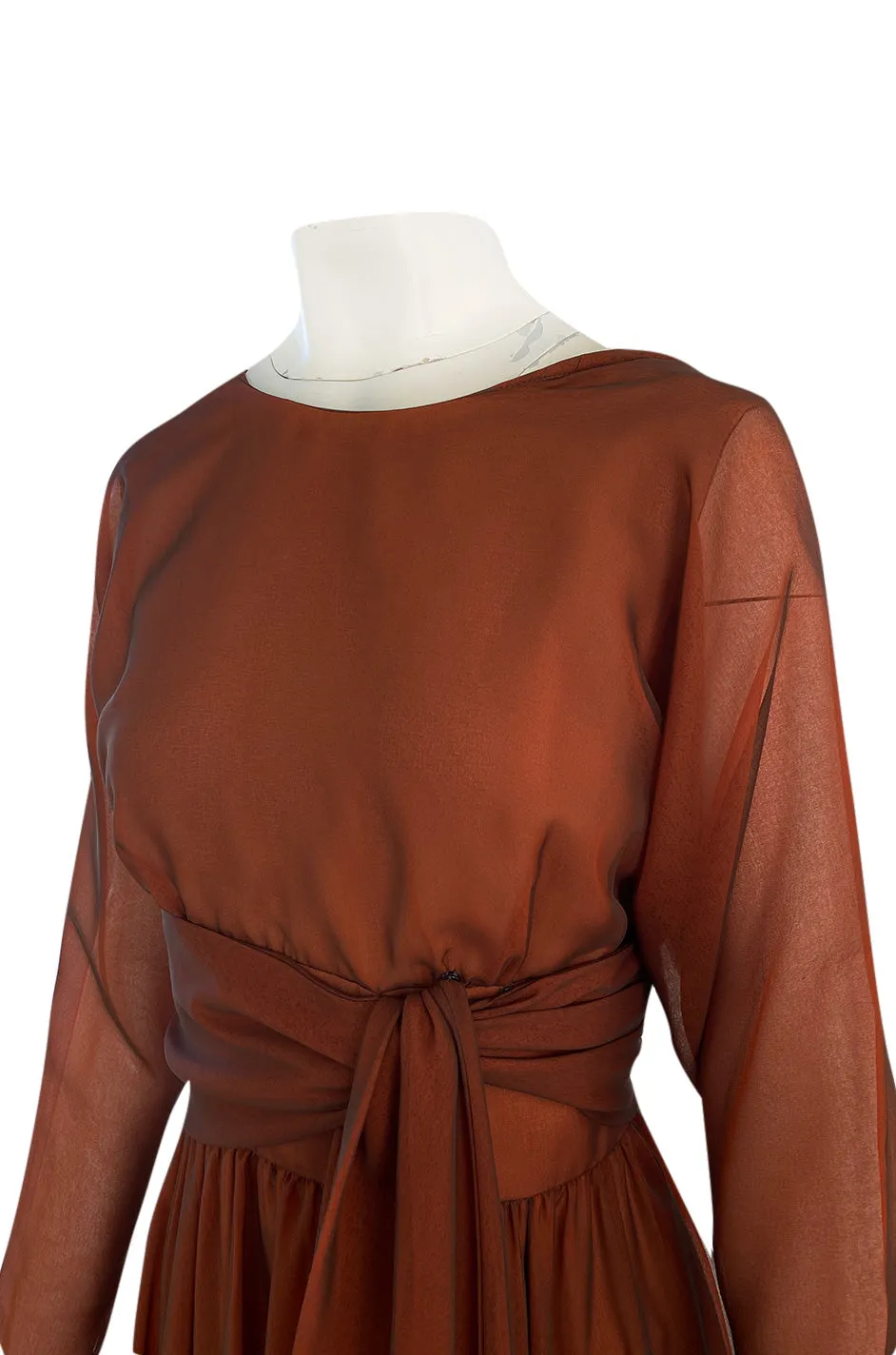 1960s Geoffrey Beene Chocolate Chiffon Over an Orange Inlay Backless Maxi Dress