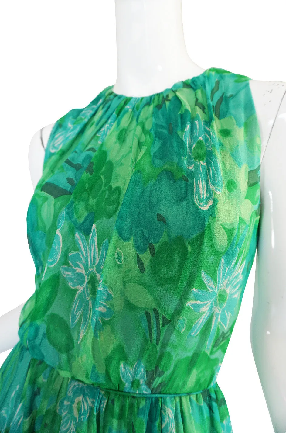 1960s Green Print Roger Freres Silk Chiffon Dress