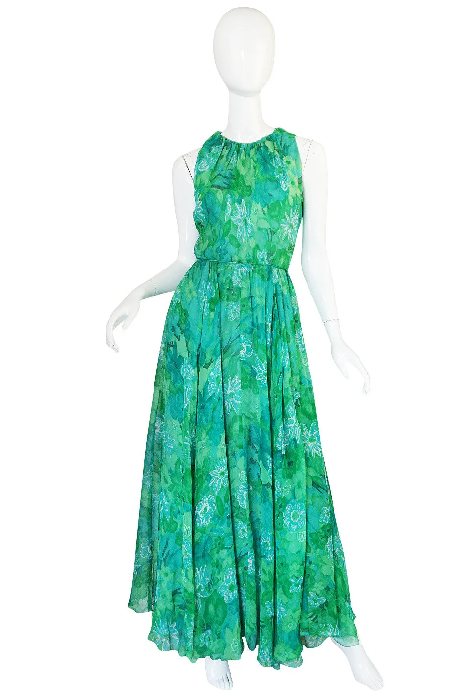 1960s Green Print Roger Freres Silk Chiffon Dress