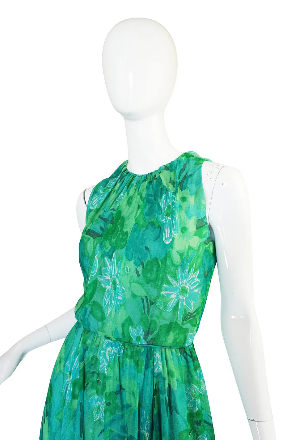 1960s Green Print Roger Freres Silk Chiffon Dress