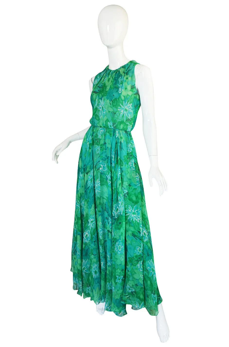 1960s Green Print Roger Freres Silk Chiffon Dress