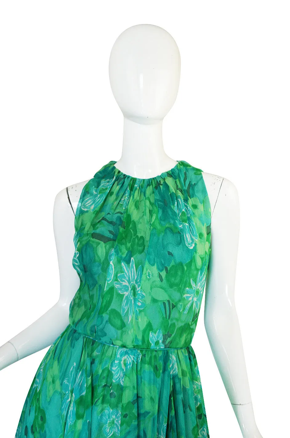 1960s Green Print Roger Freres Silk Chiffon Dress