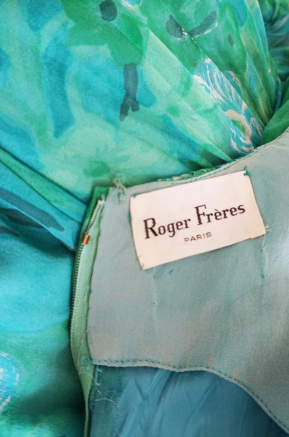 1960s Green Print Roger Freres Silk Chiffon Dress