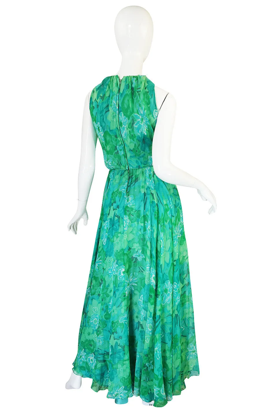 1960s Green Print Roger Freres Silk Chiffon Dress