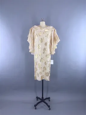 1970s - 1980s Vintage HANAE MORI Designer Dress in Ivory Chiffon with Gold Roses