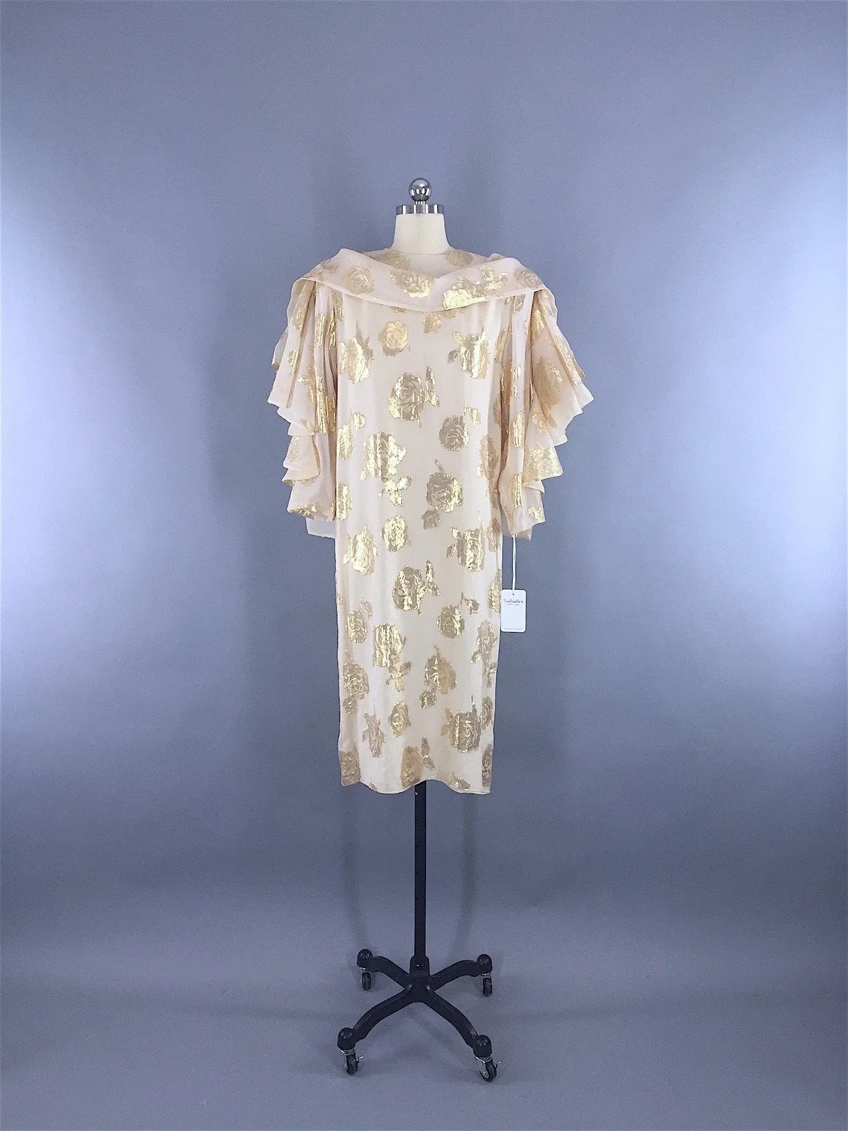 1970s - 1980s Vintage HANAE MORI Designer Dress in Ivory Chiffon with Gold Roses