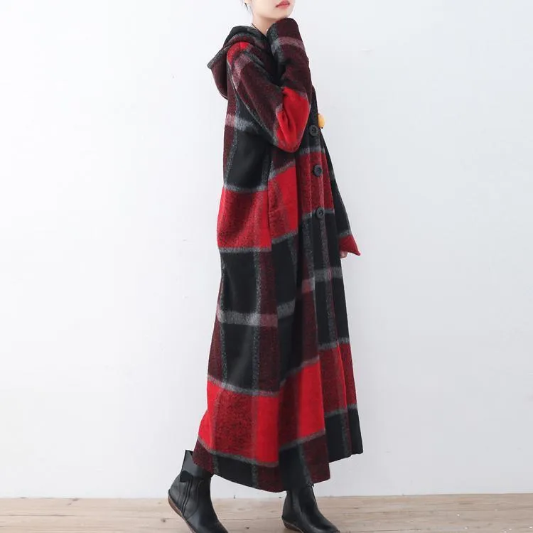 2021 Red Plaid Wool Coat Plussize Winter Coat Women Hooded Maxi Coat