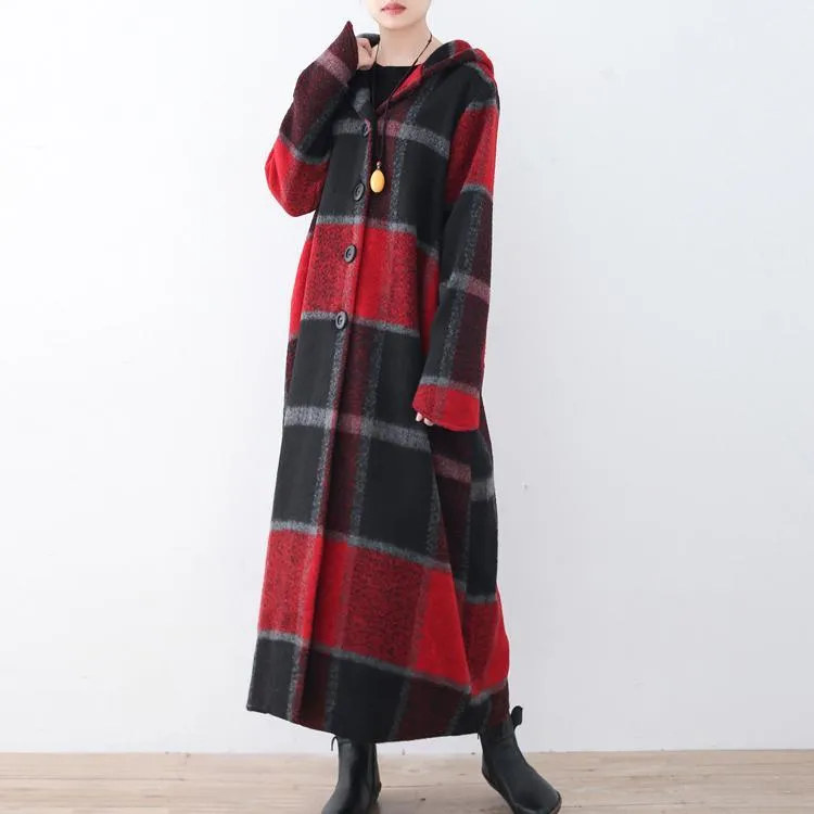 2021 Red Plaid Wool Coat Plussize Winter Coat Women Hooded Maxi Coat