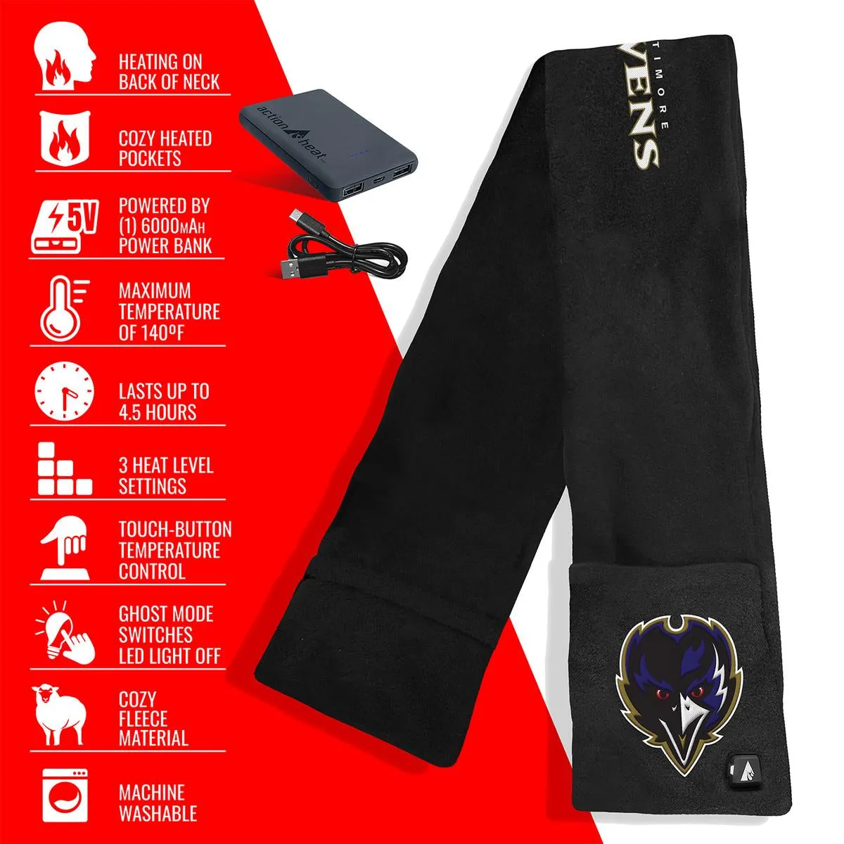 ActionHeat Baltimore Ravens 5V Battery Heated Scarf