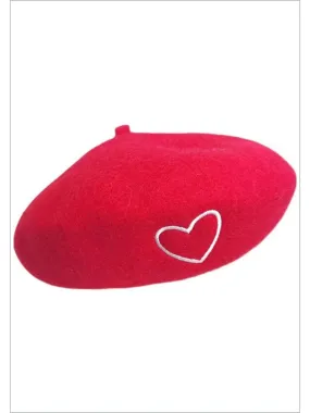 Adore You Red Heart-Embroidered Winter Beret