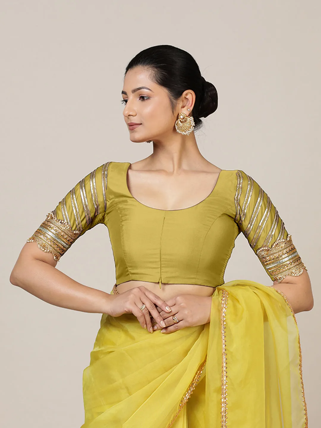 Anisha x Tyohaar | Elbow Sleeves Saree Blouse in Lemon Yellow