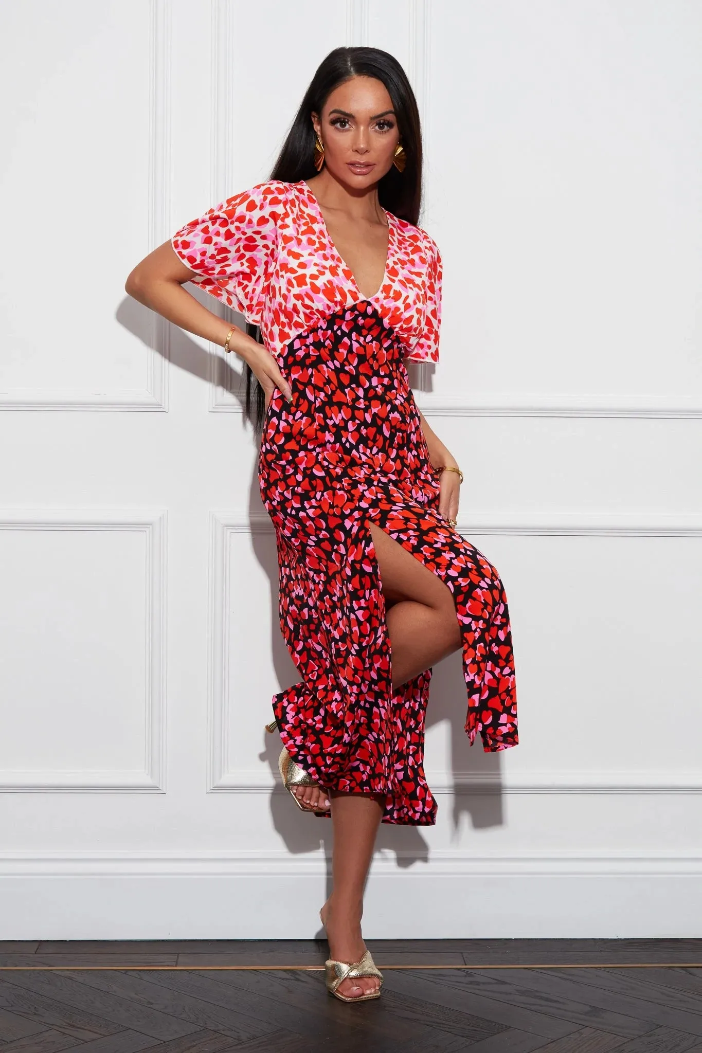 Anita Multi Heart Print Angel Sleeve Midi Dress