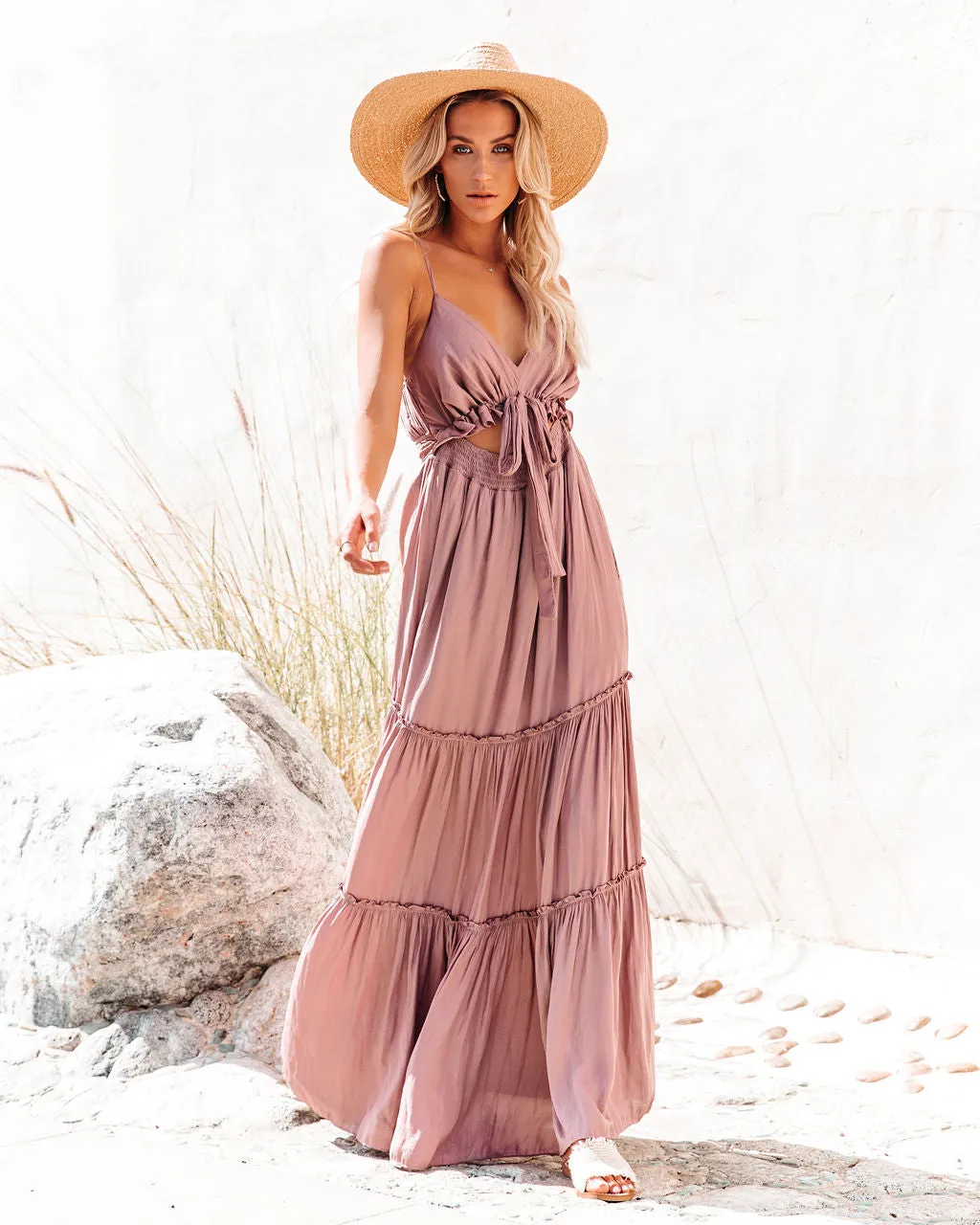 April Rain Pocketed Cutout Maxi Dress - Dusty Mauve