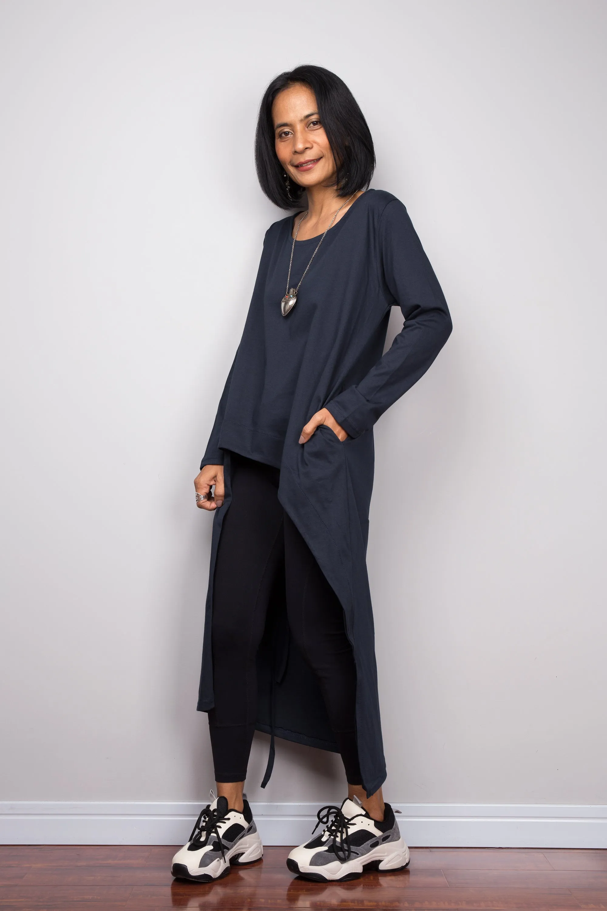 Asymmetrical navy blue tunic dress