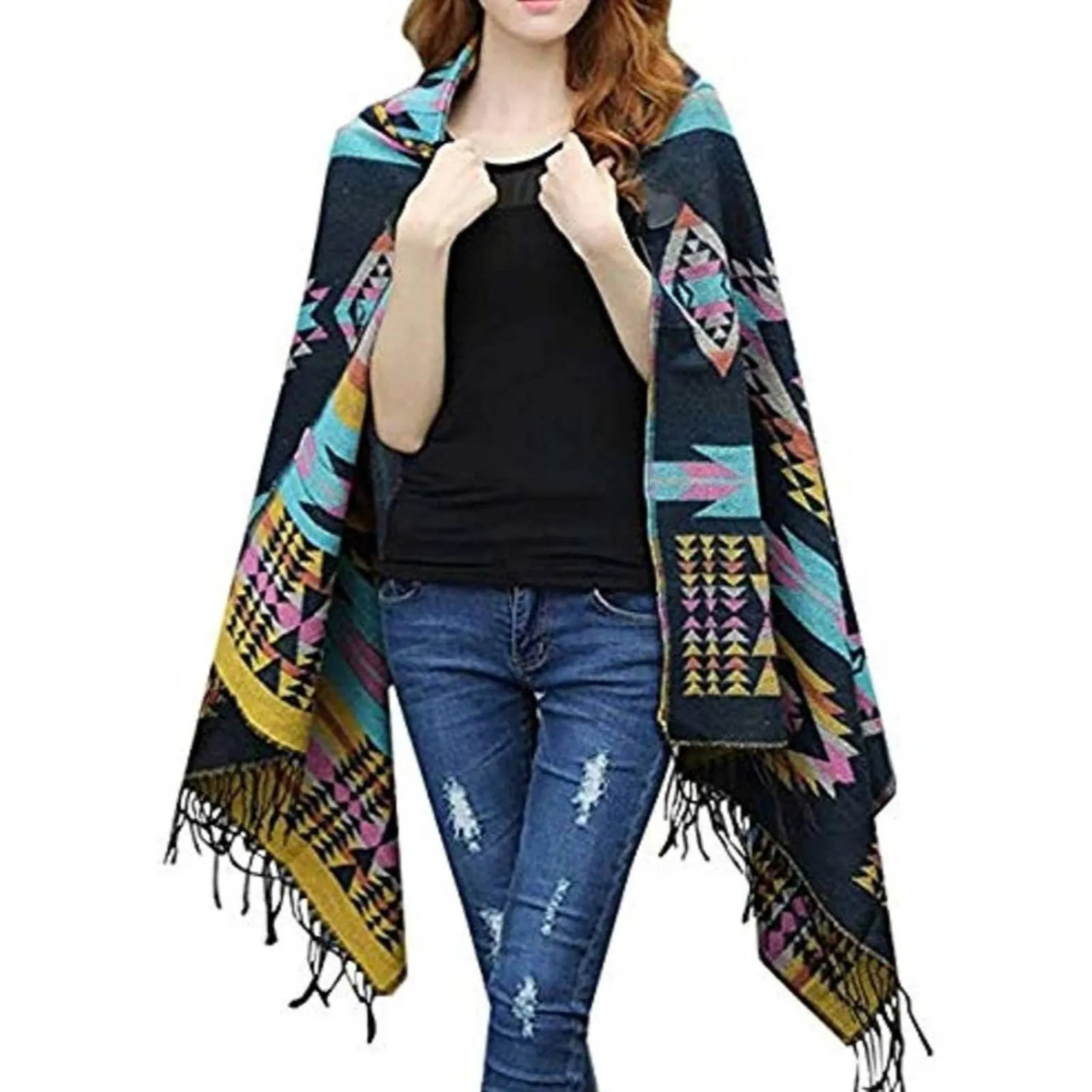 Aztec Print Bohemian Blanket Poncho Cape Shawl Tassel with Hoodie Cloak