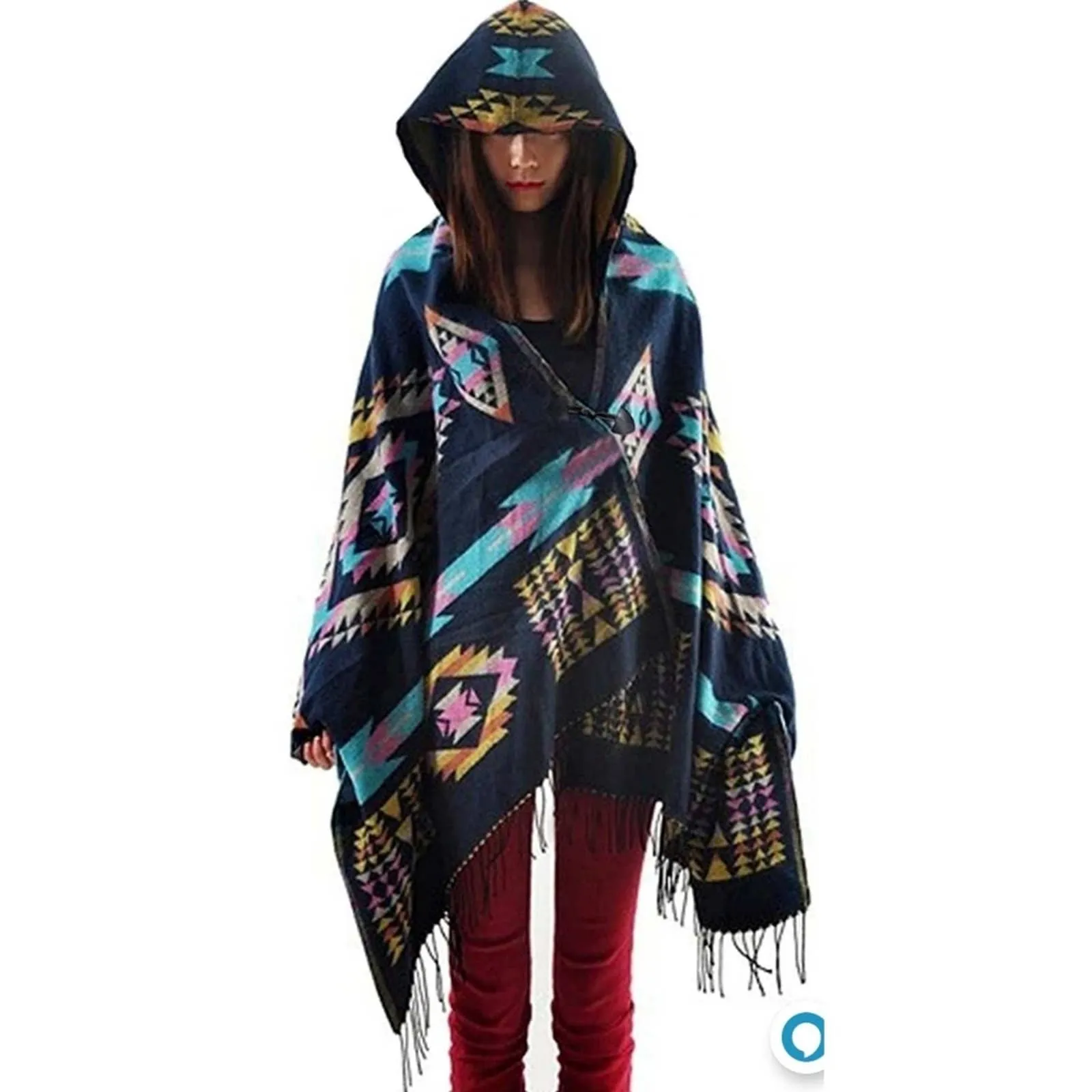 Aztec Print Bohemian Blanket Poncho Cape Shawl Tassel with Hoodie Cloak