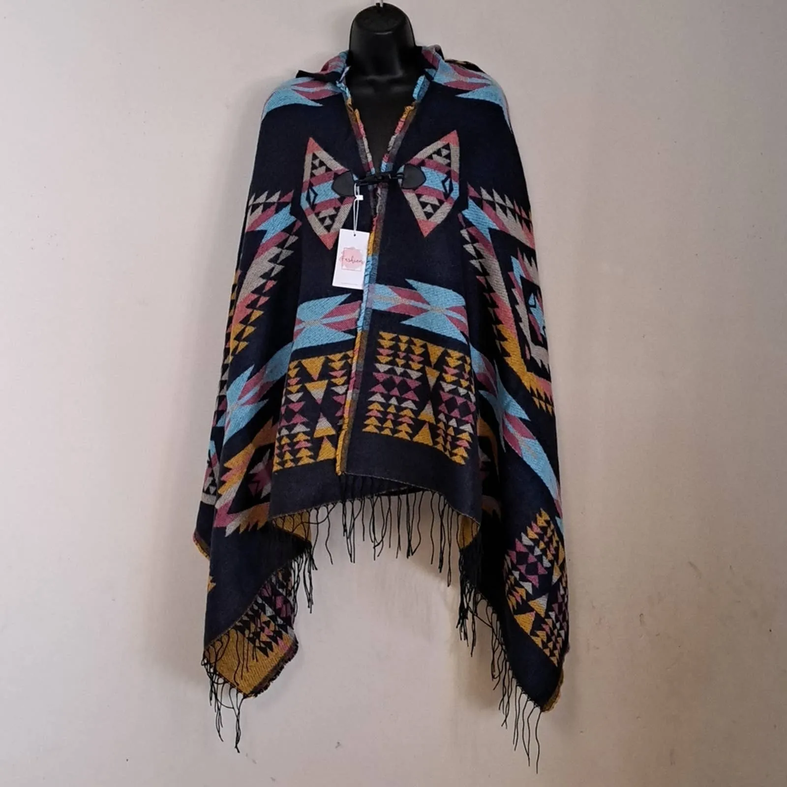 Aztec Print Bohemian Blanket Poncho Cape Shawl Tassel with Hoodie Cloak