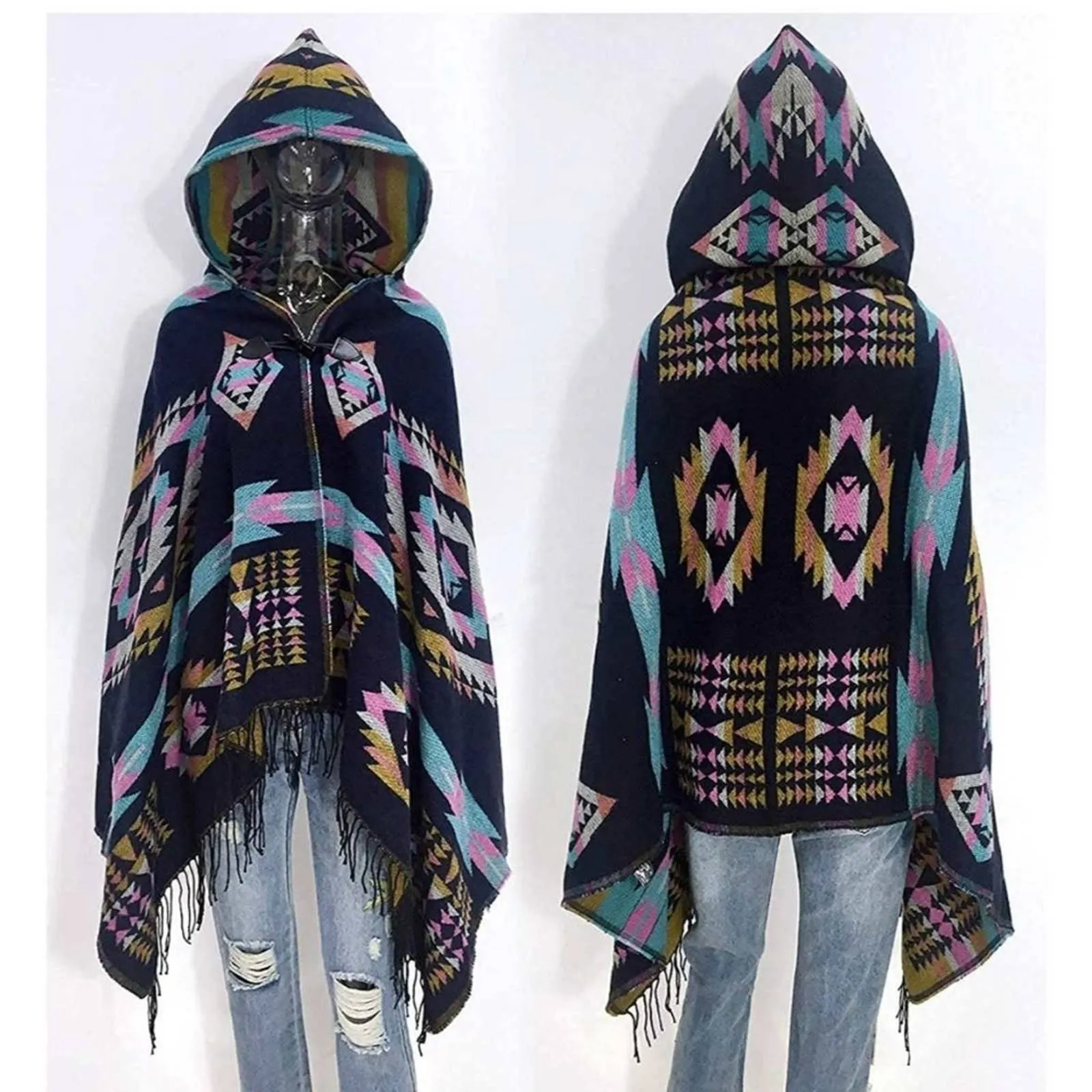 Aztec Print Bohemian Blanket Poncho Cape Shawl Tassel with Hoodie Cloak