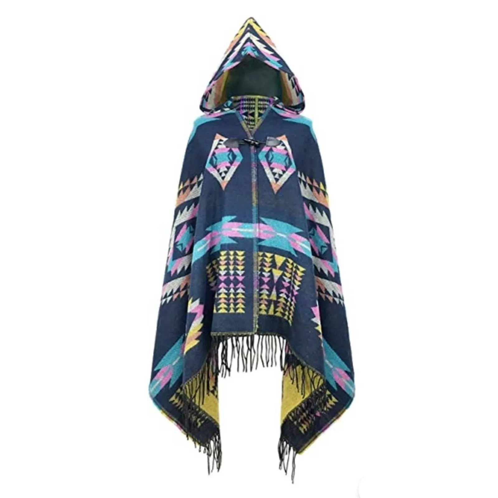 Aztec Print Bohemian Blanket Poncho Cape Shawl Tassel with Hoodie Cloak