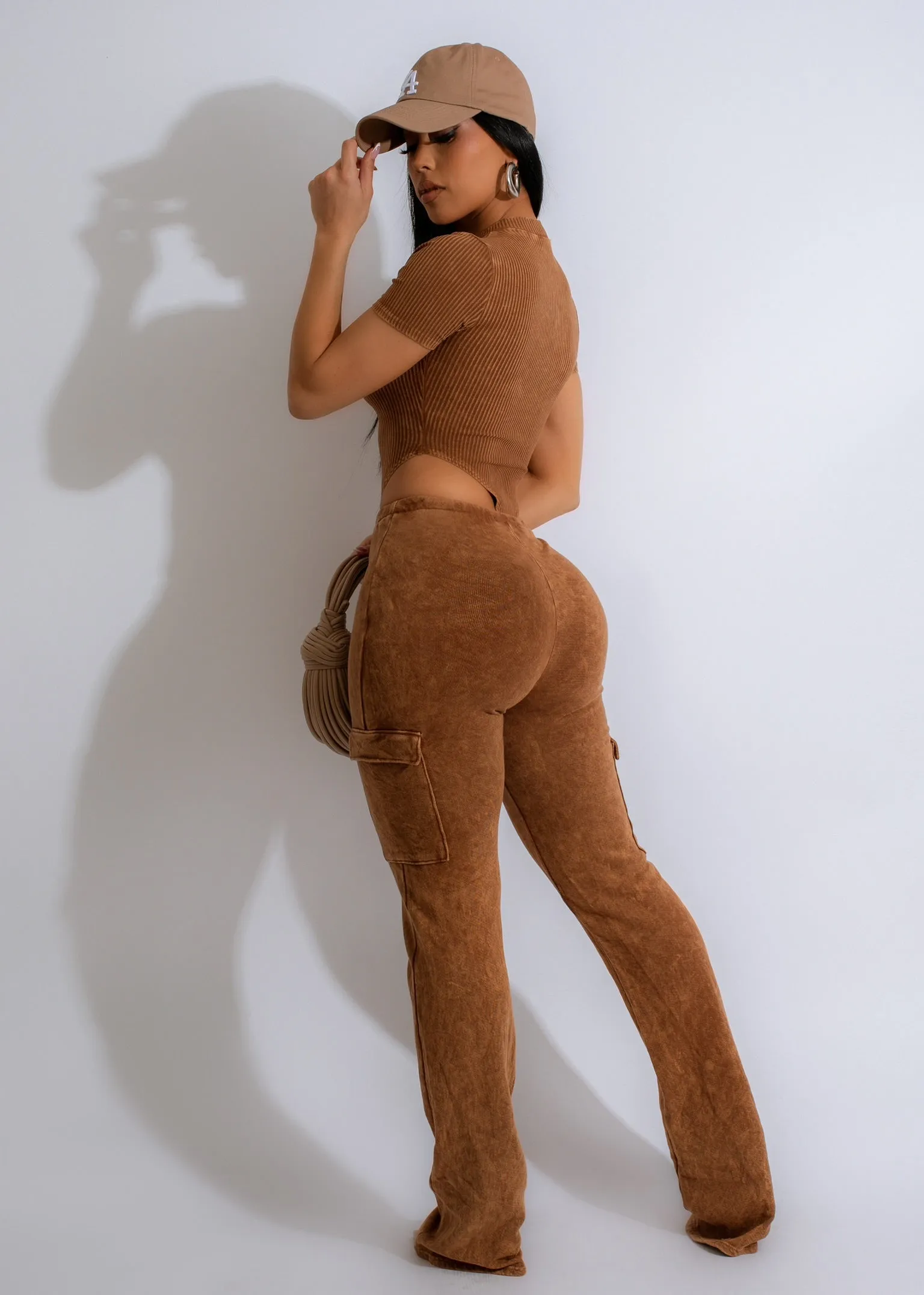 Back At It Ribbed Pant Set Brown