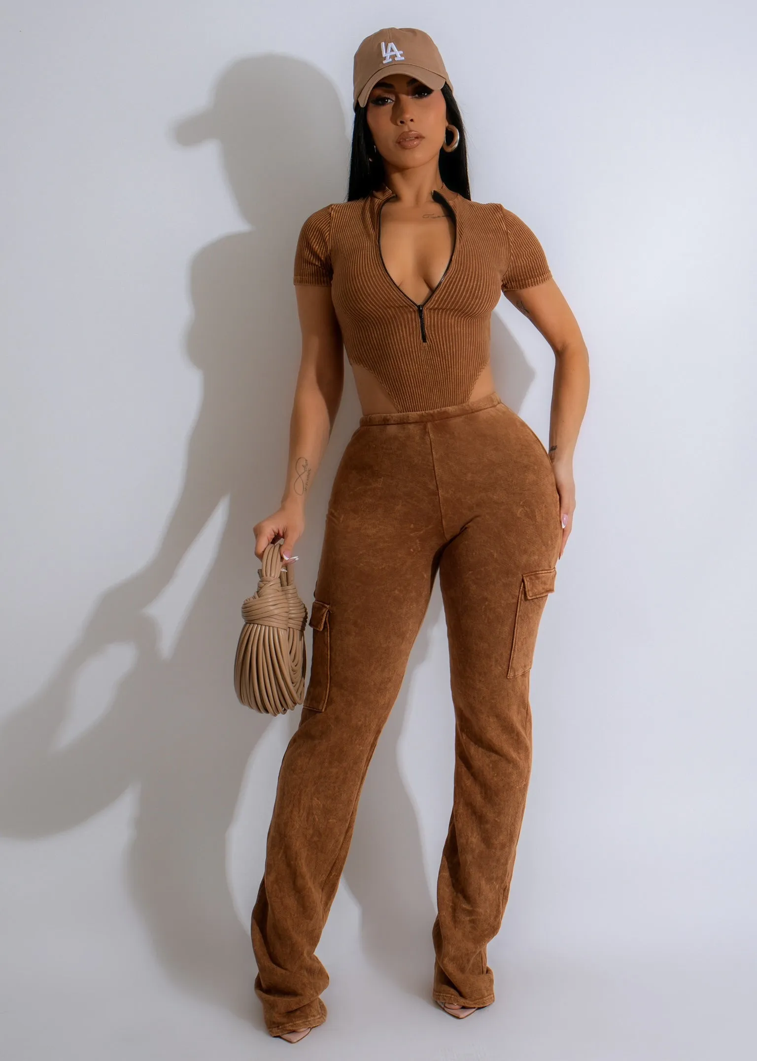 Back At It Ribbed Pant Set Brown