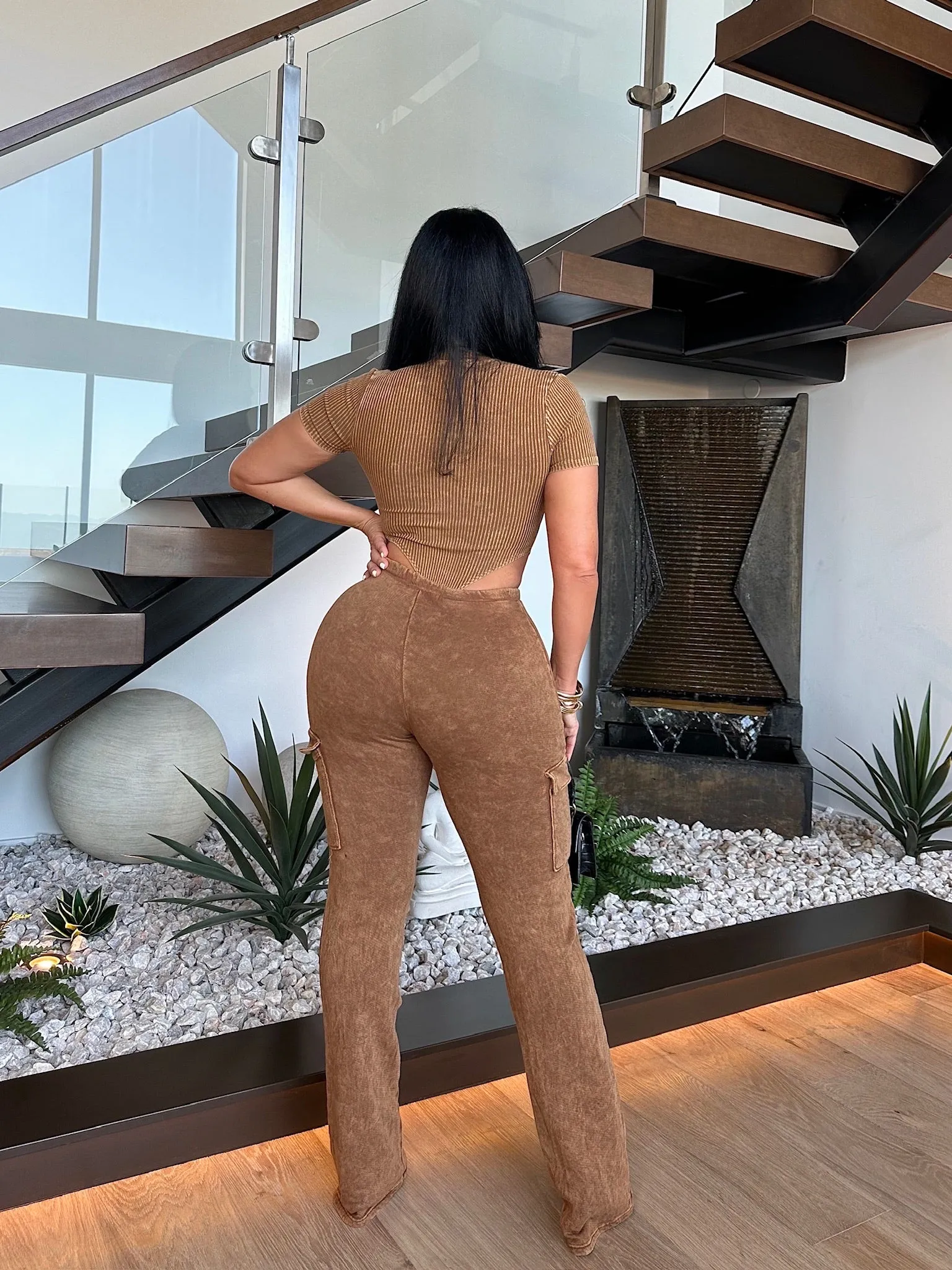 Back At It Ribbed Pant Set Brown