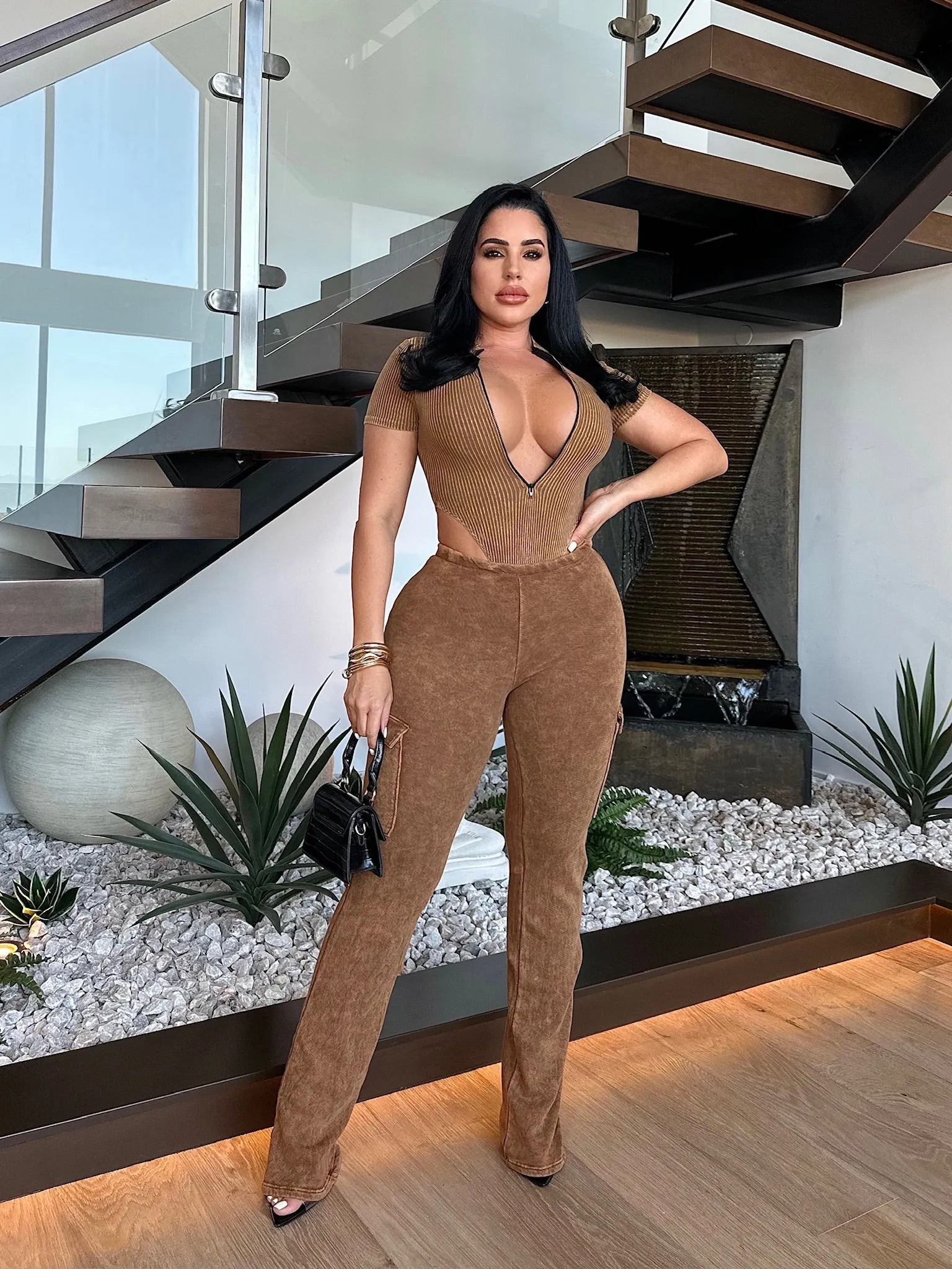 Back At It Ribbed Pant Set Brown