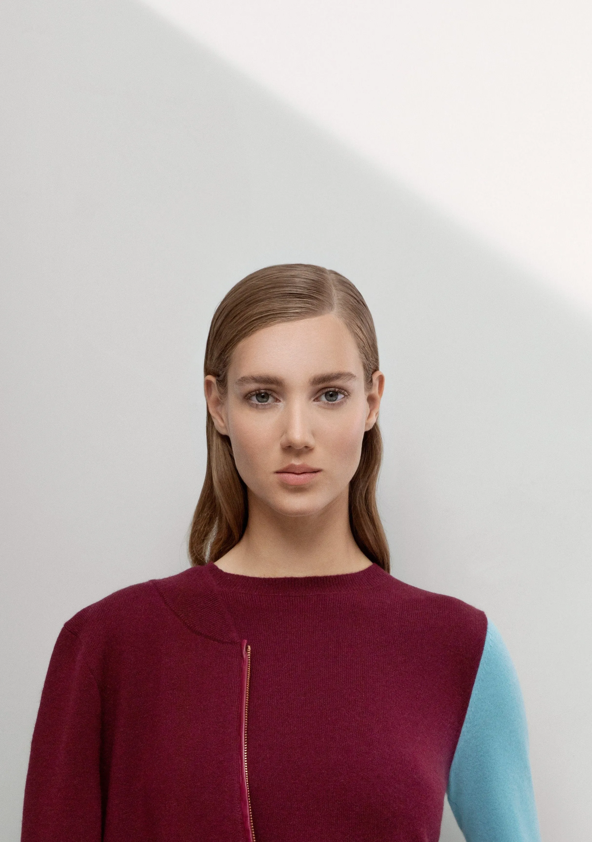 Balance Blocks Cashmere Sweater - Autumn Burgundy x Sky Blue