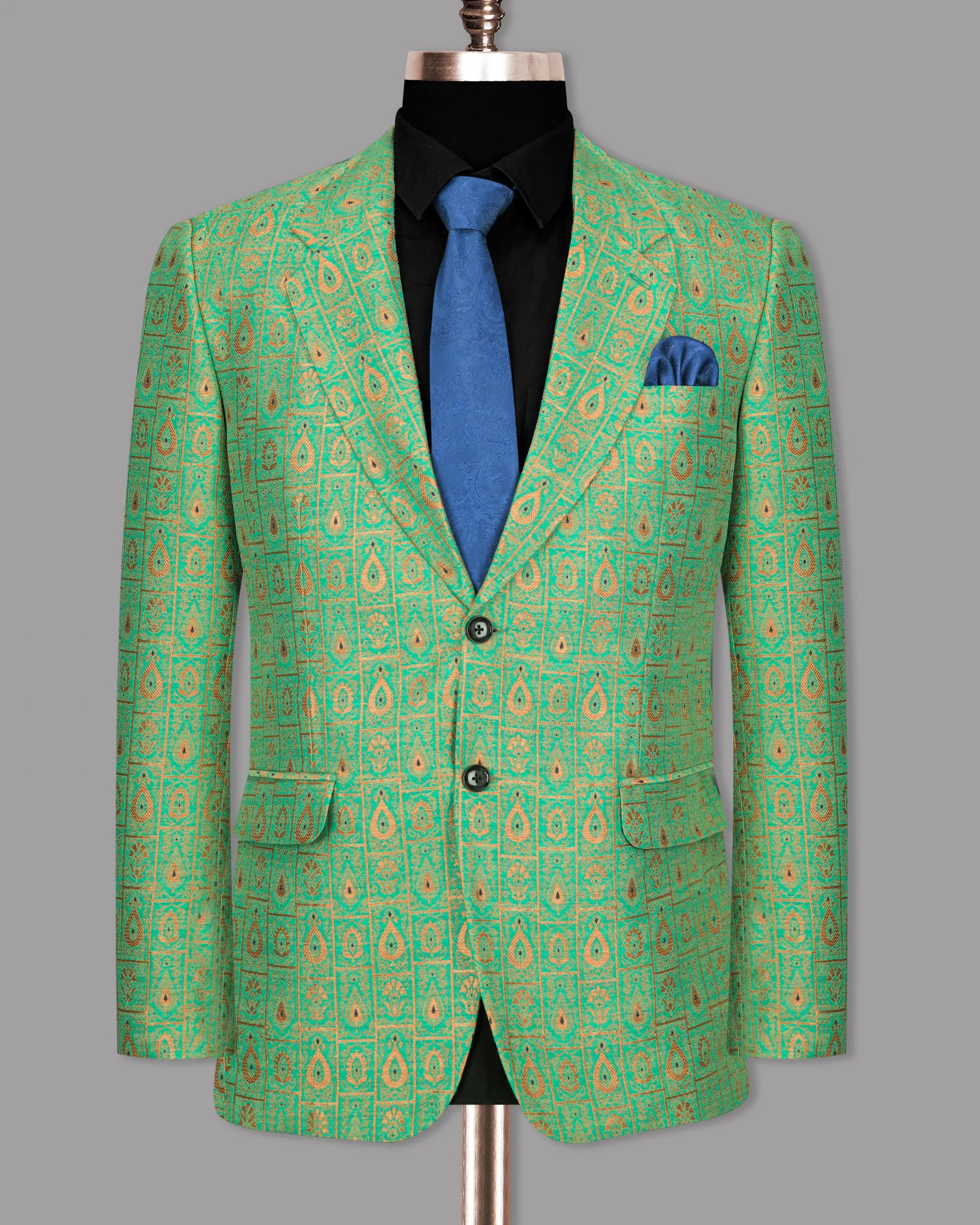 Bay Leaf Green with Golden Ancient Art Jacquard Patterned Designer Suit