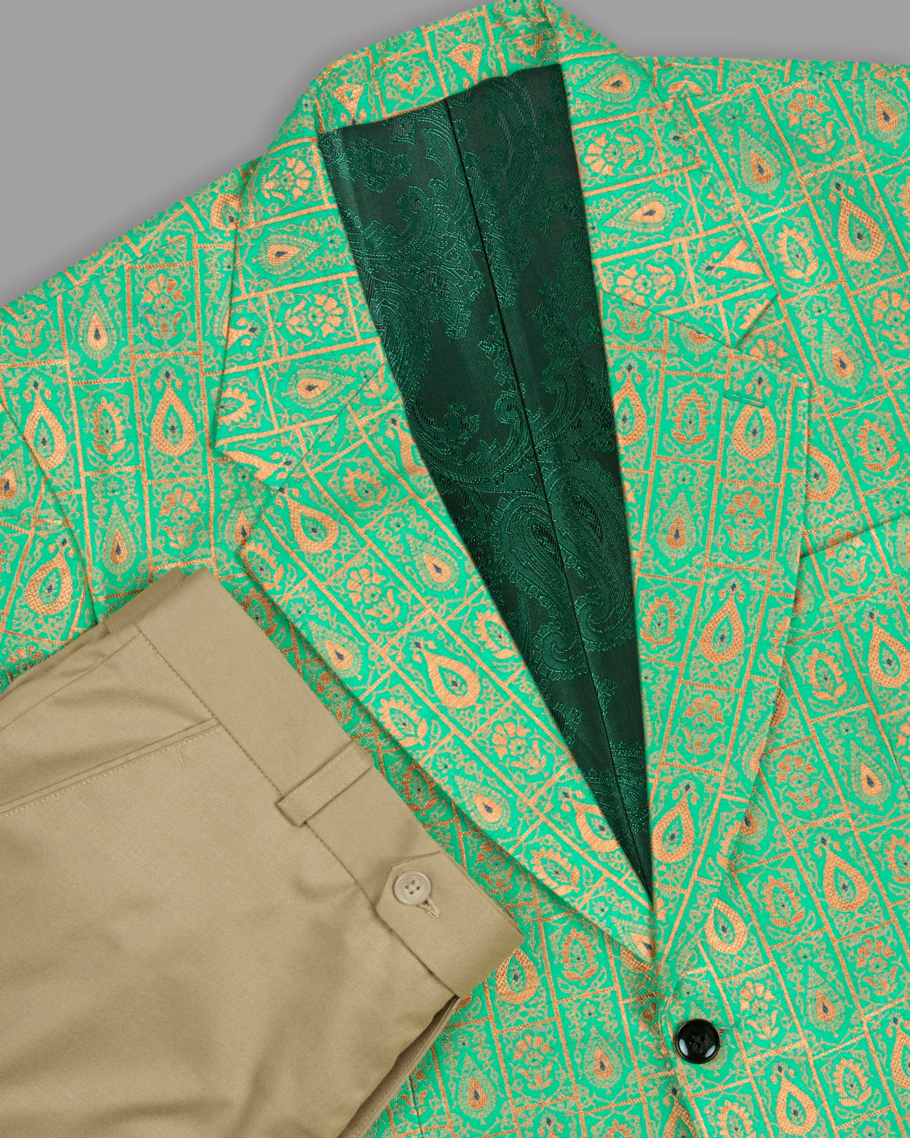 Bay Leaf Green with Golden Ancient Art Jacquard Patterned Designer Suit