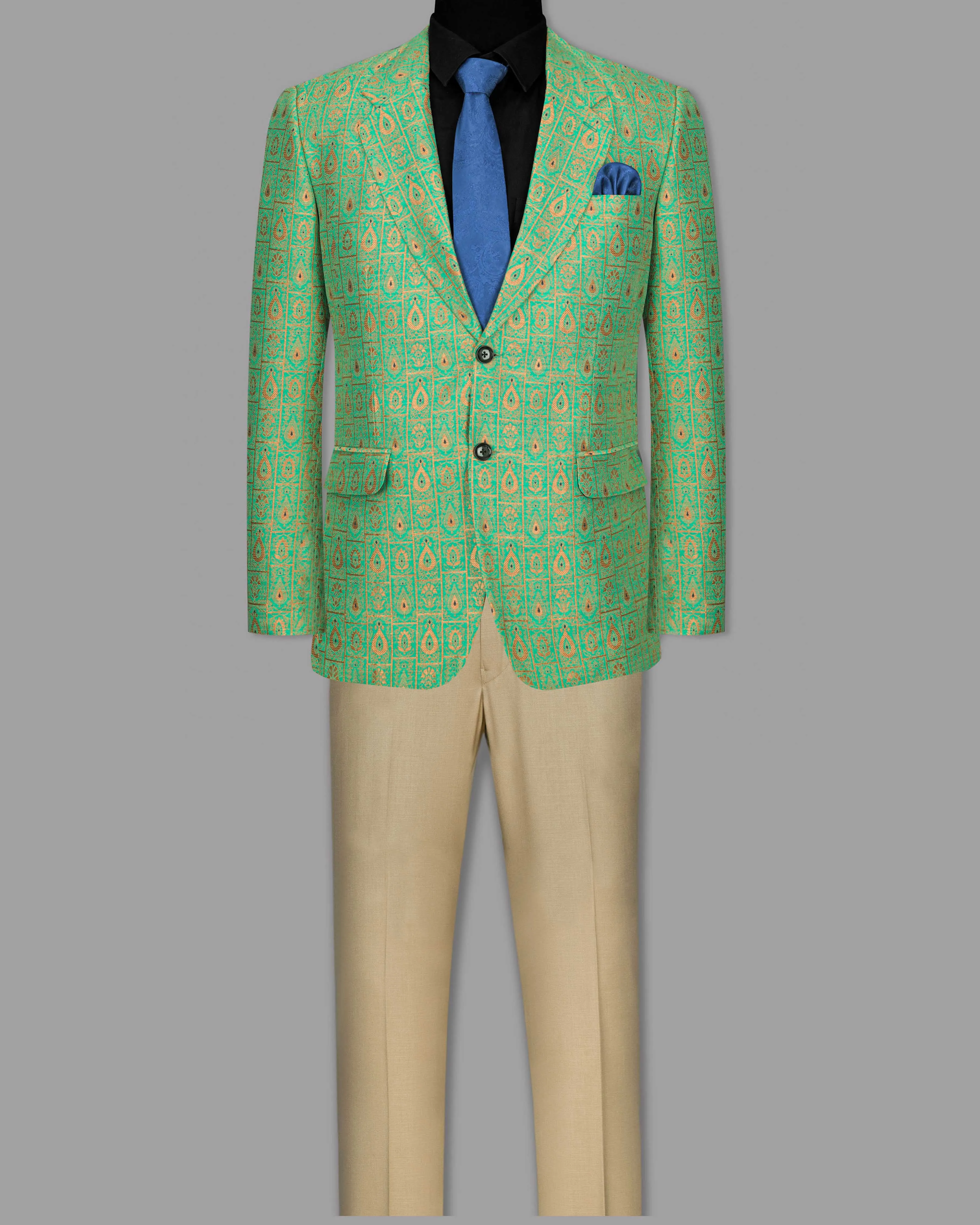 Bay Leaf Green with Golden Ancient Art Jacquard Patterned Designer Suit