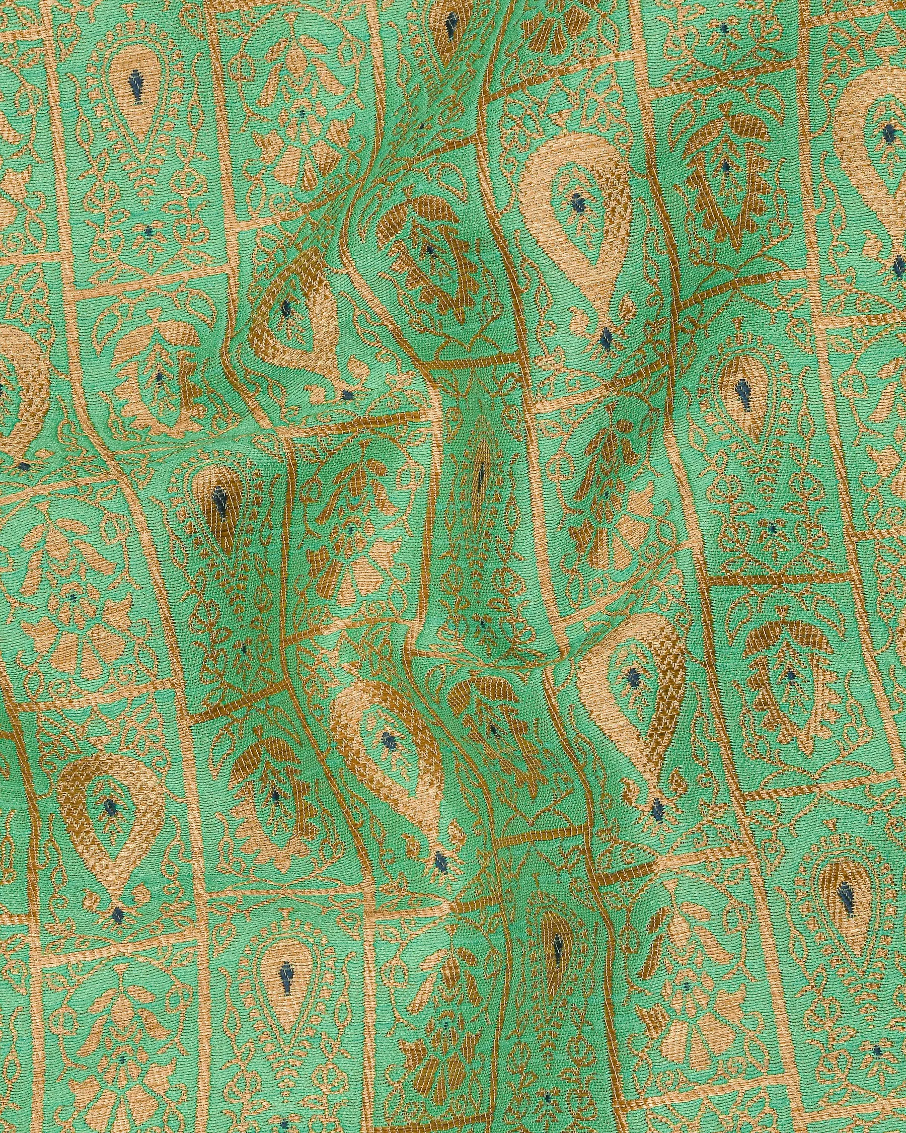 Bay Leaf Green with Golden Ancient Art Jacquard Patterned Designer Suit