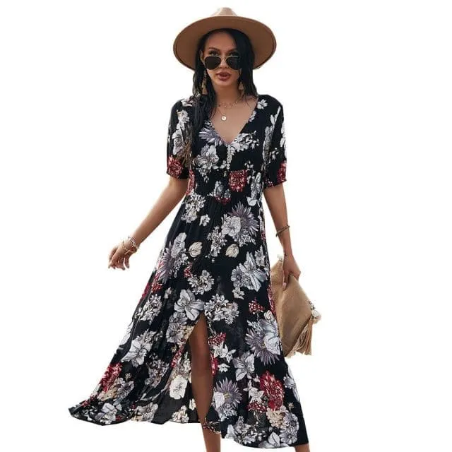 Beach Boho Print Sexy Maxi Split Dress