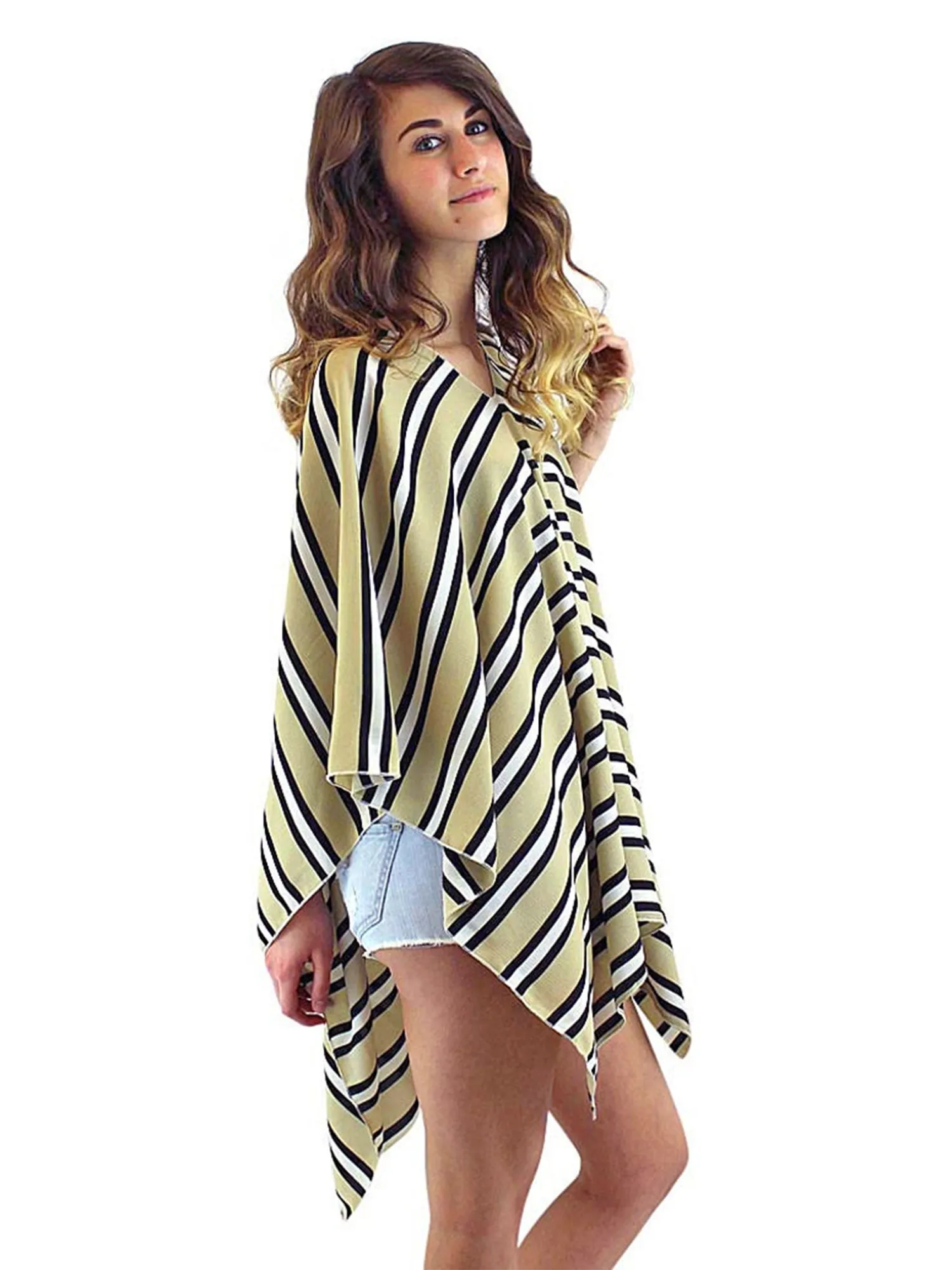 Beige Black & White Striped Lightweight Poncho Top