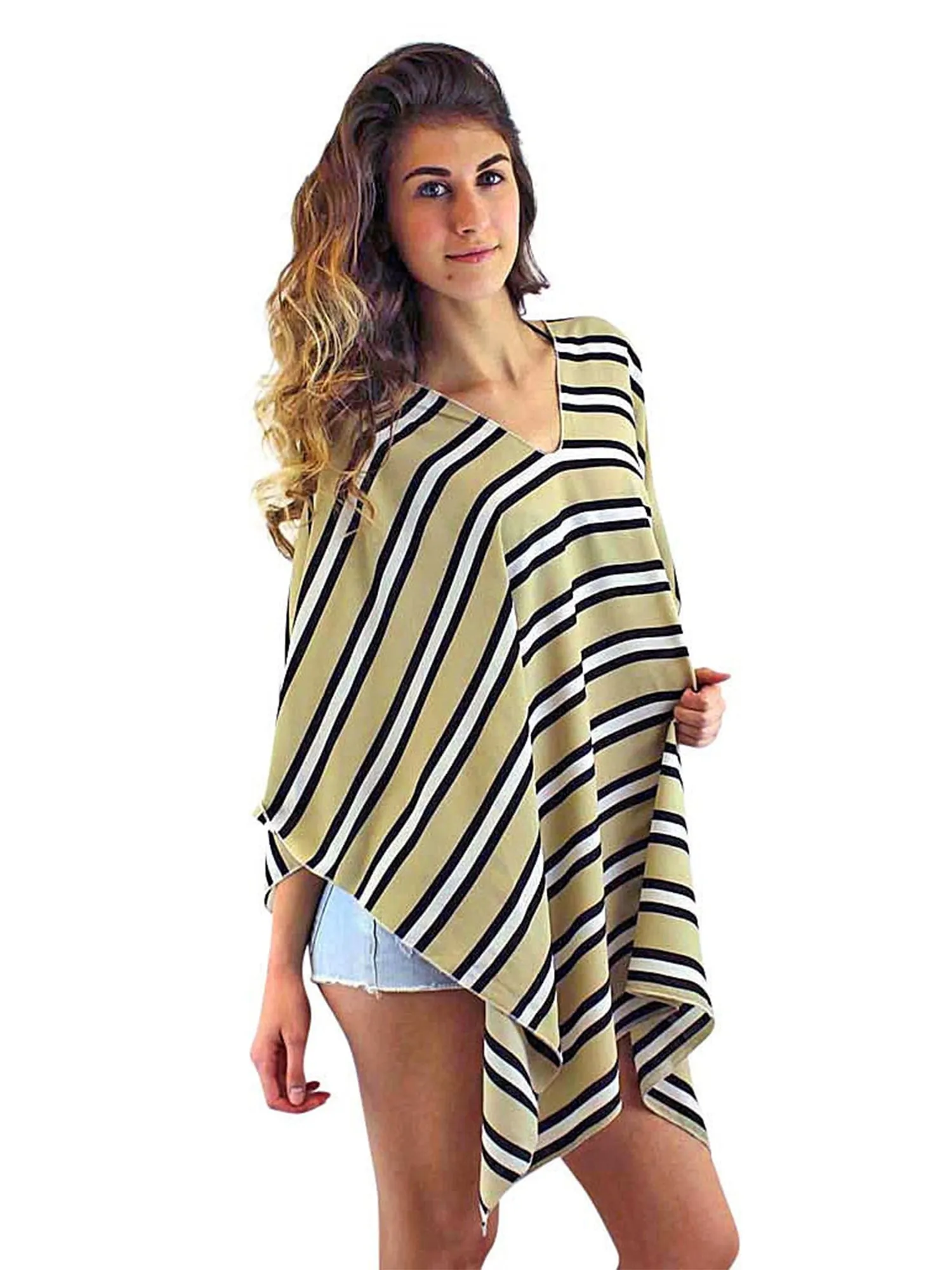 Beige Black & White Striped Lightweight Poncho Top