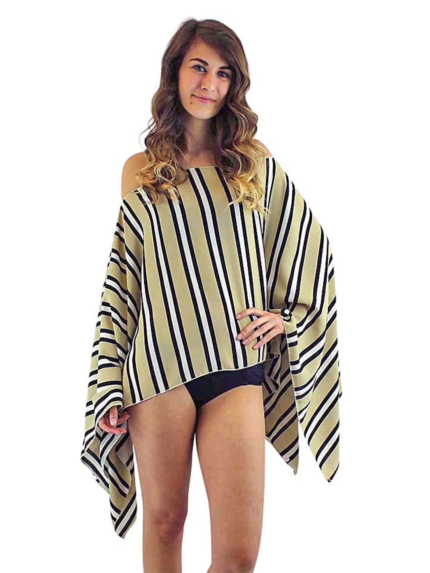 Beige Black & White Striped Lightweight Poncho Top