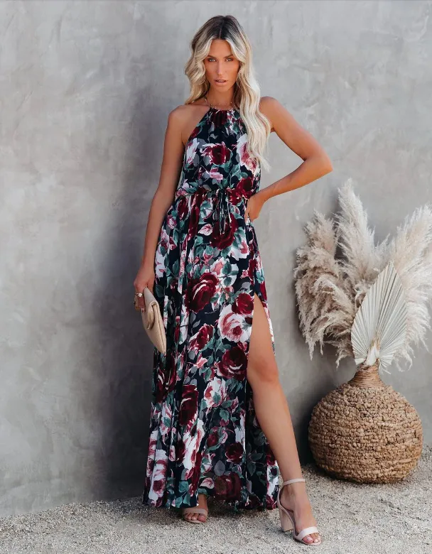 BerryBetty - Bohemian Sexy Halter Print Split Maxi Dress Women Sleeveless Boho Beach Summer Dress