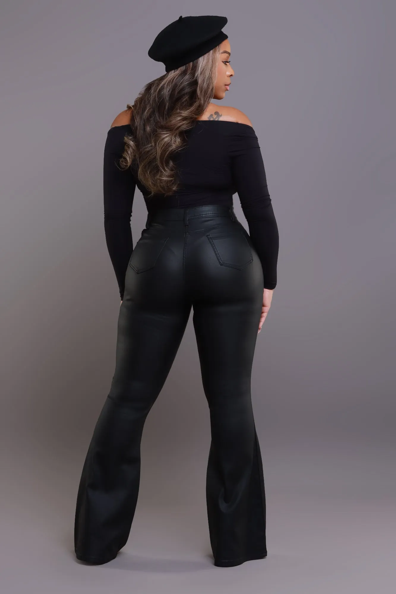 Black Magic Faux Leather Bell Bottom Pants - Black