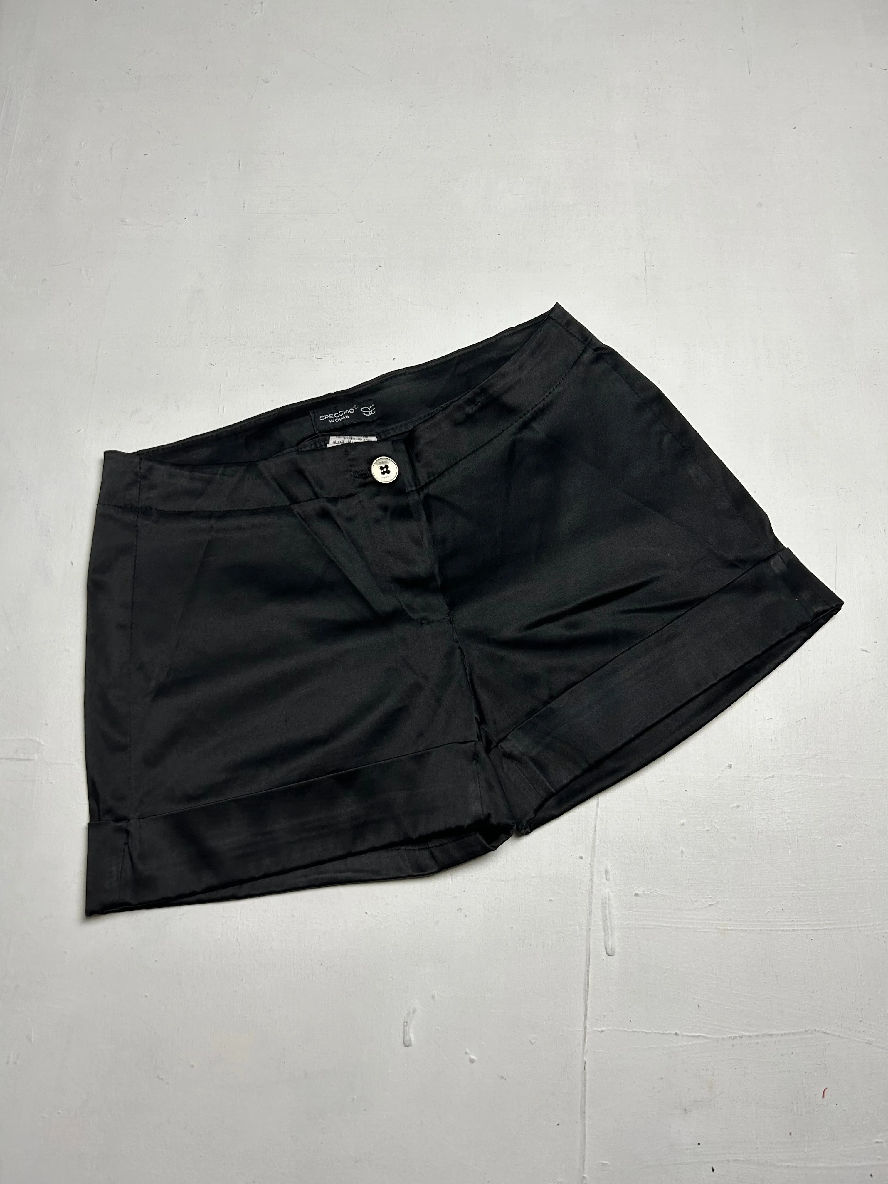 Black satin effect low rise mini short (S/M)