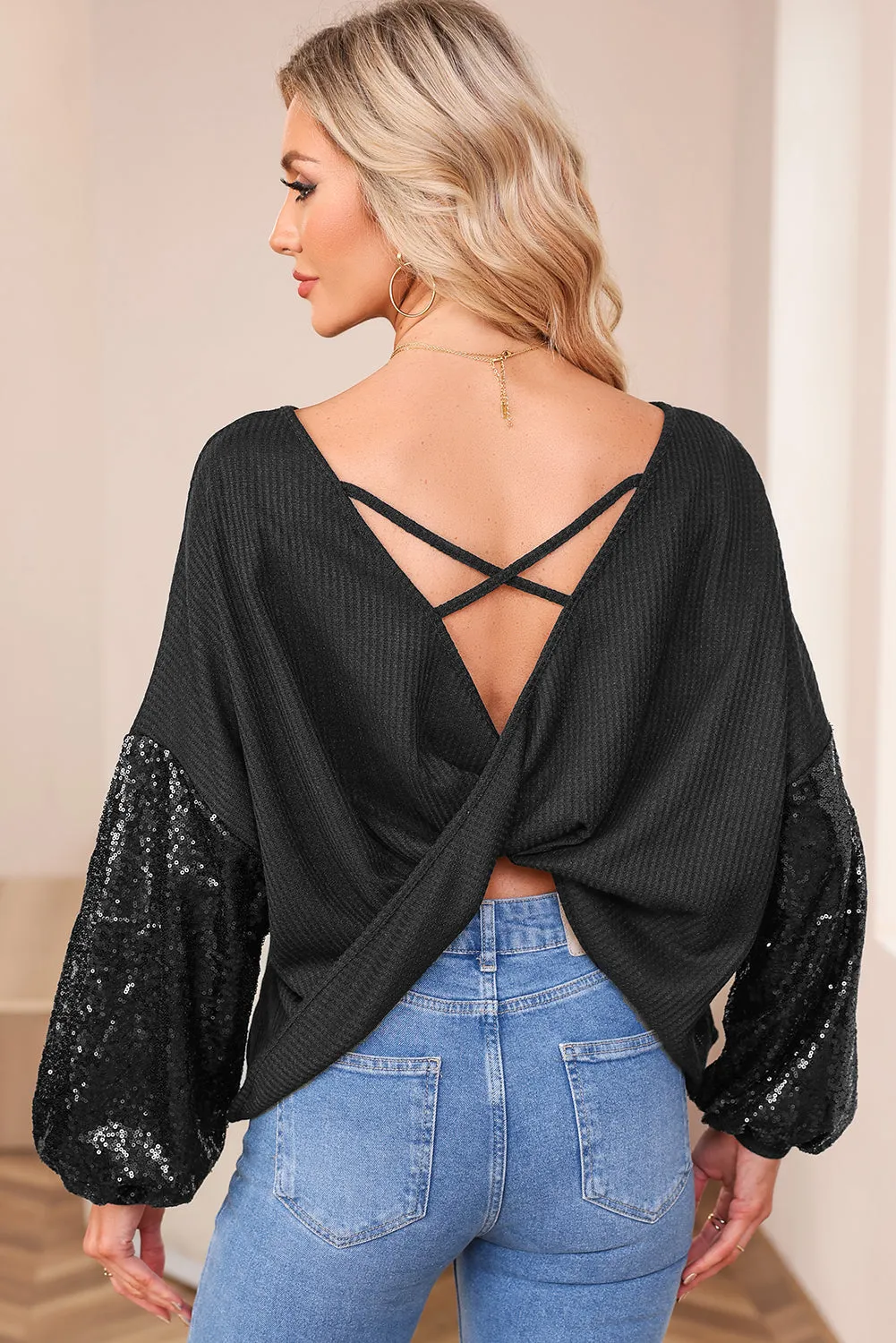 Black Sequin Patchwork Sleeve Open Back Waffle Knit Top