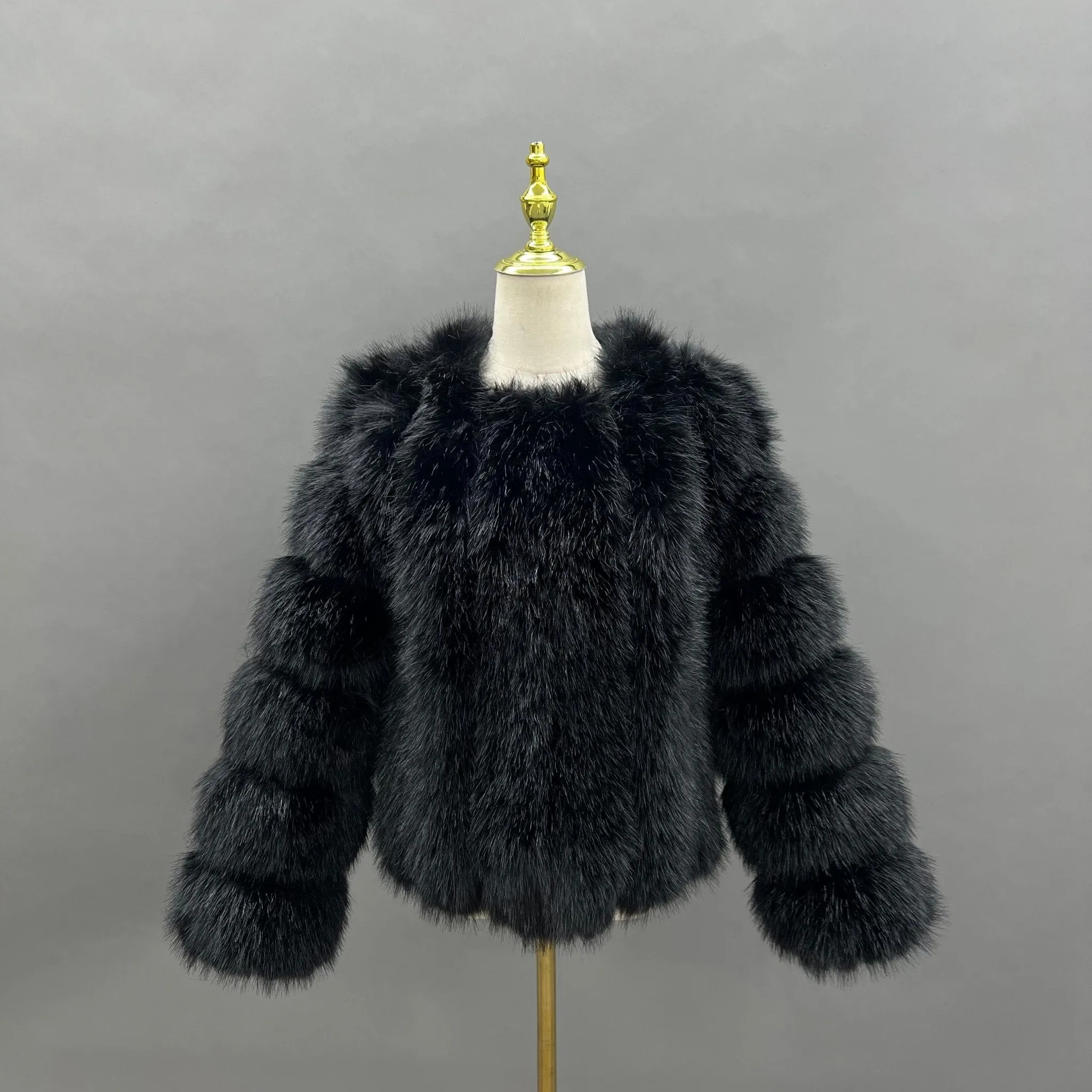 Black Vertical Design Faux Fur Coat