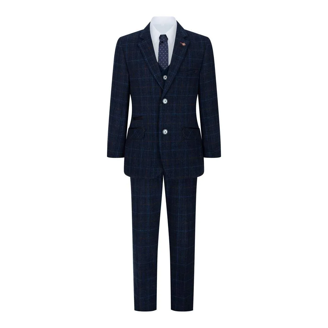 Boys Blue 3 Piece Suit Navy Check Wedding Prom Formal Vintage Tailored Fit