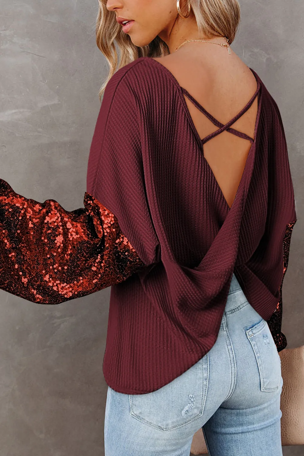 Burgundy Sequin Patchwork Sleeve Open Back Waffle Knit Top