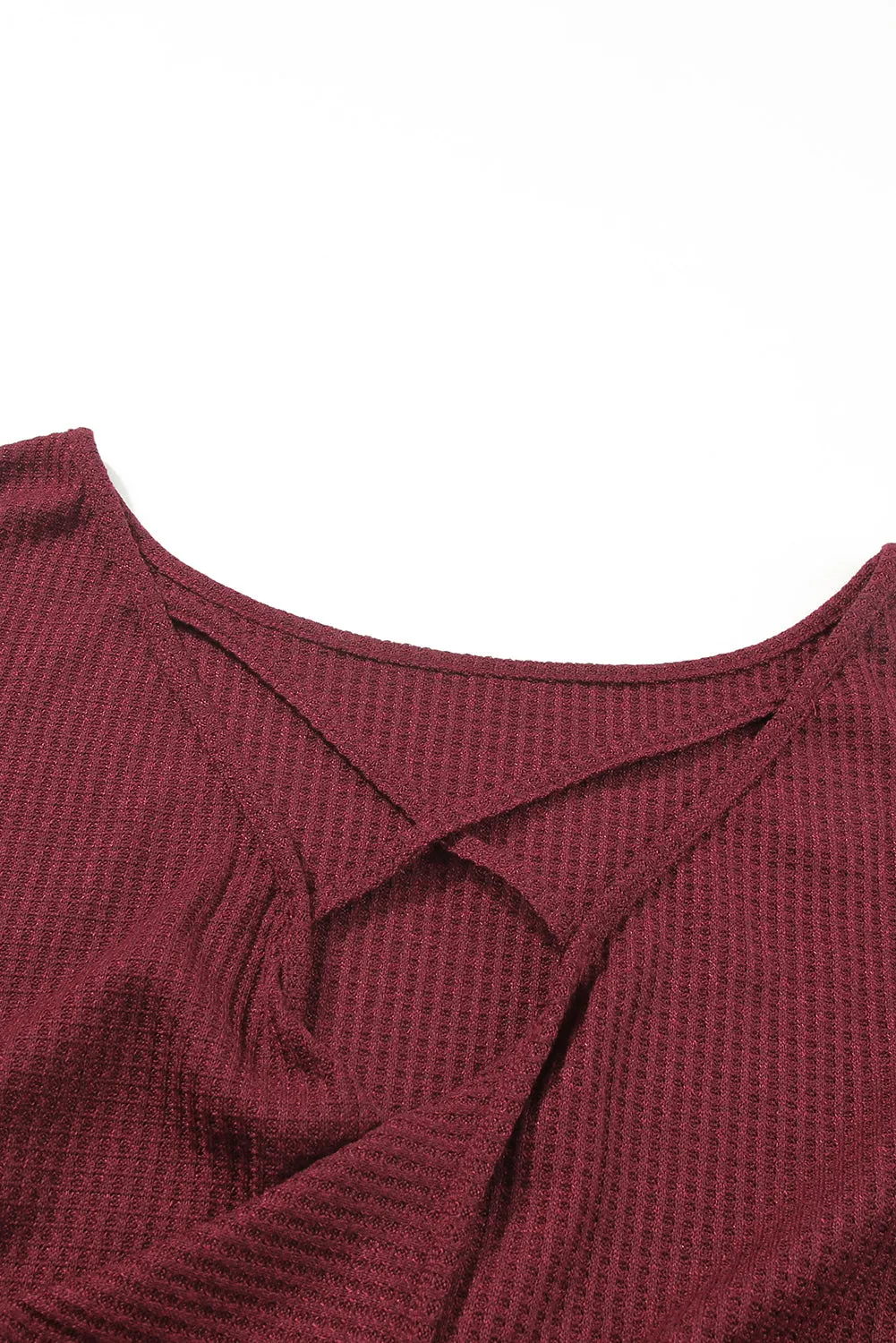 Burgundy Sequin Patchwork Sleeve Open Back Waffle Knit Top