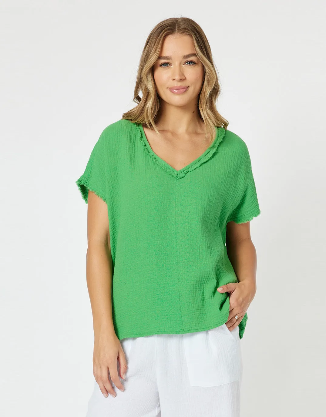 Byron Cotton V Neck Top - Emerald